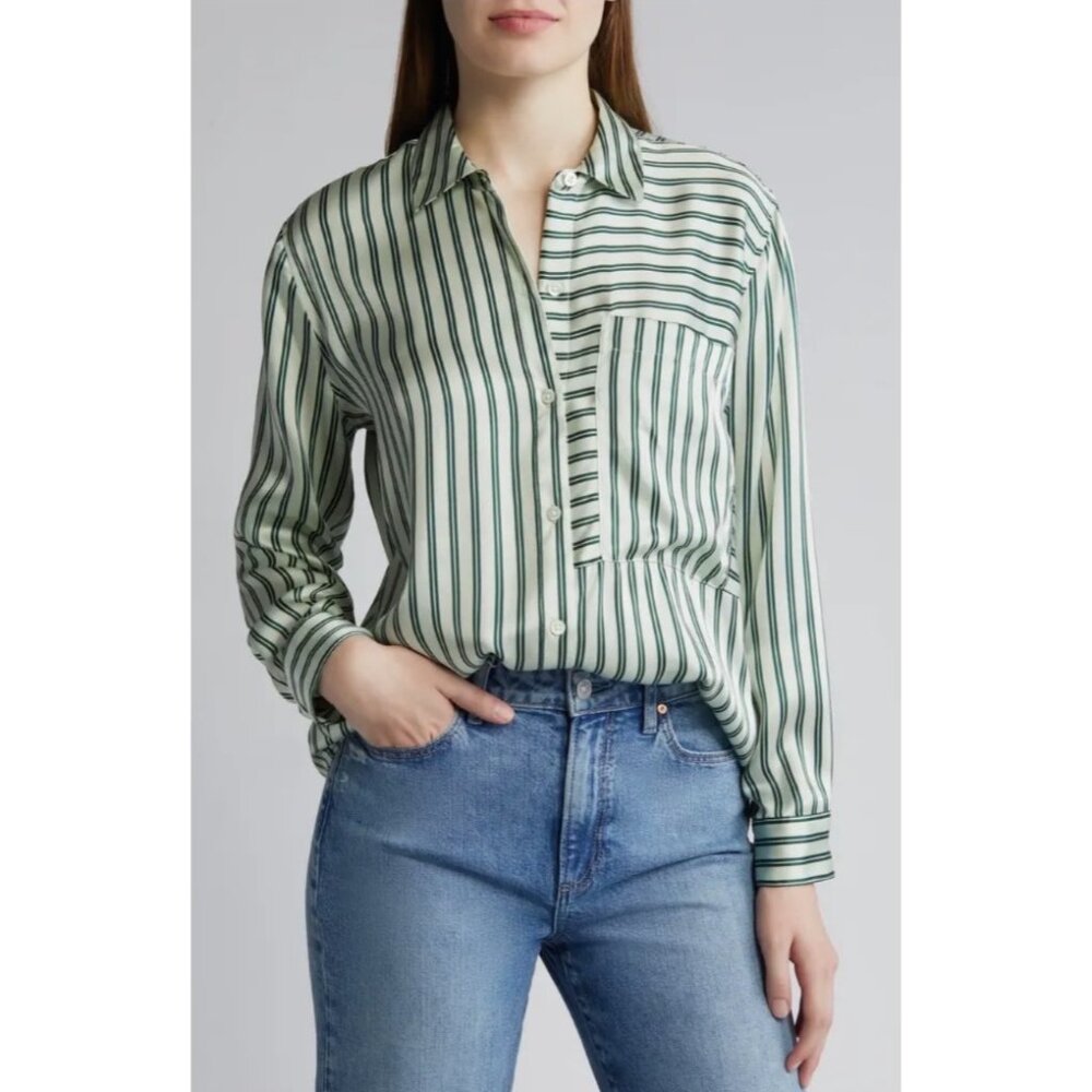 Rails Womens Spencer Striped Long-Sleeve Button-Down Shirt In Green & White NWT
